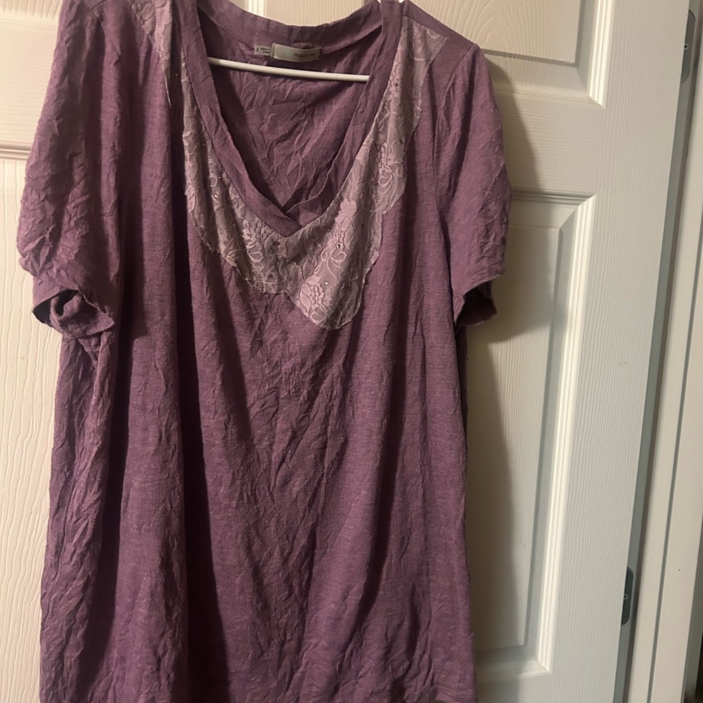 Purple V-Neck Asymmetrical Lace Top